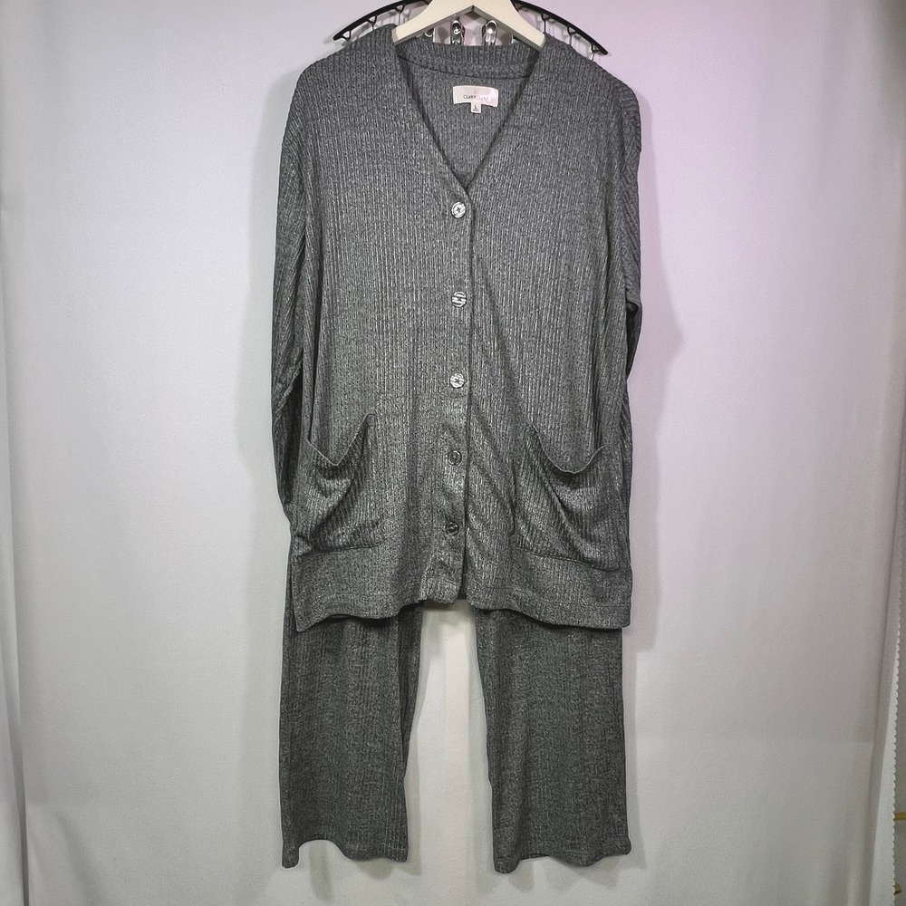 Cuddl Duds Womens 3 Piece Lounge Set Charcoal Gray Ribbed Cardigan Tank Pants L